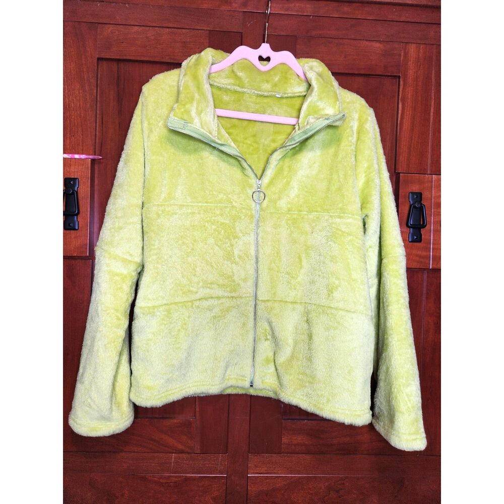 Lime Green Fleece Jacket Full Zip Fluffy and Soft Women's Size Large